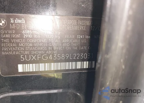 2009 BMW X6 xDrive35I из США, поврежденный, VIN 5UXFG43589L223031